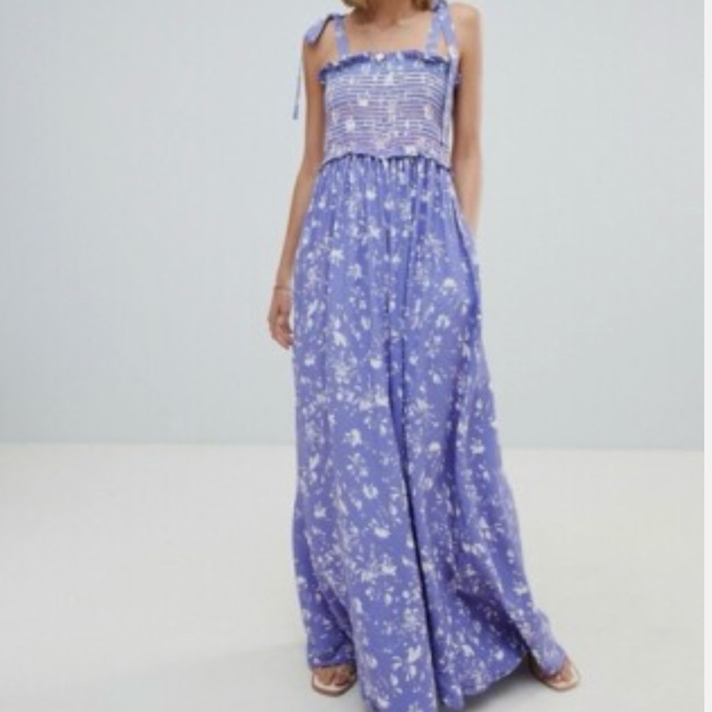 FREE PEOPLE Periwinkle/ Purple Floral Smocked Jumpsuit
